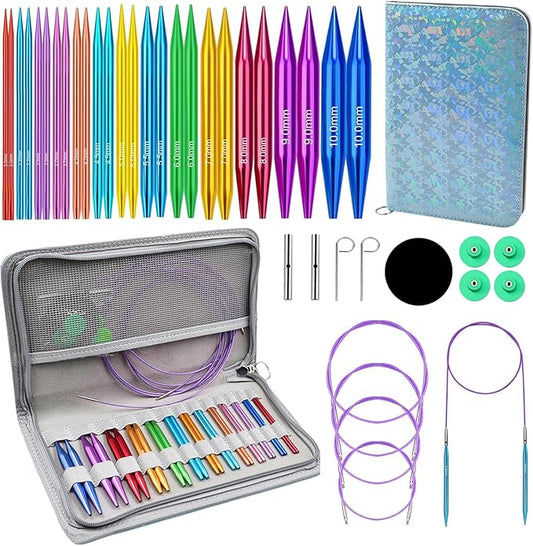 Yarniss 13 Pairs Circular Knitting Needle Set 3.0~10.0mm,4-Inch Interchangeable Aluminum Knitting Needles with 4 Cables, Round Needle with Case