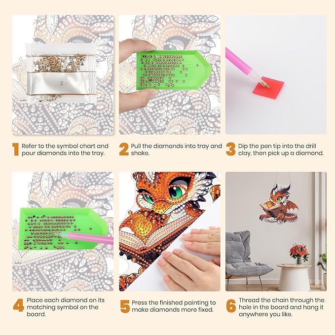 MXJSUA Dragon Reading Book Diamond Painting Art Window Suncatchers, Diamond Art Kits for Adults Hanging Ornaments with Chain, 5D Special Shape Crystal Diamond Pendant Accessories for Decor Gift