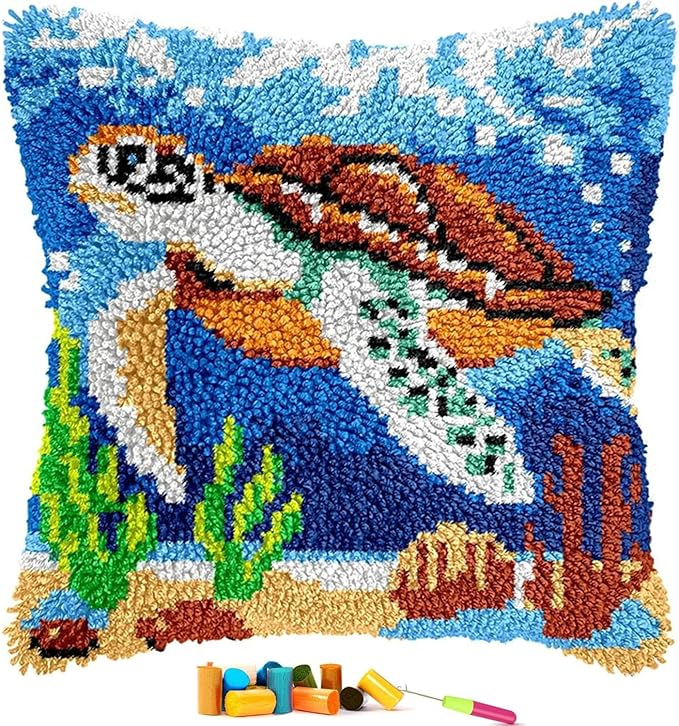 EMISTEM Latch Hook Kits for Adults - Latch Hook Pillow Kits, Crochet Yarn Kit for Beginners, Cross-Stitch Embroidery Cushion Cover Case with Printed Canvas. (Sea Turtle,17x17 inch)
