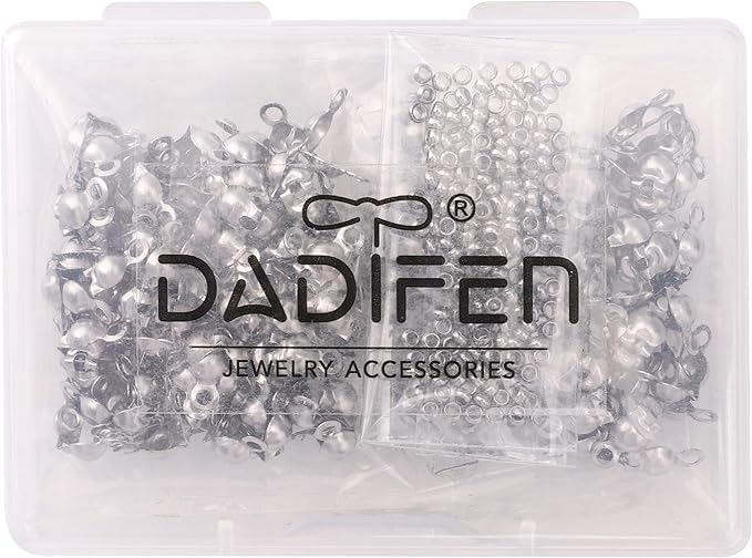 304 Stainless Steel Crimp Beads 2.0mm and End Caps 4x8mm Set 200pcs for Jewelry DIY Making and Repairing