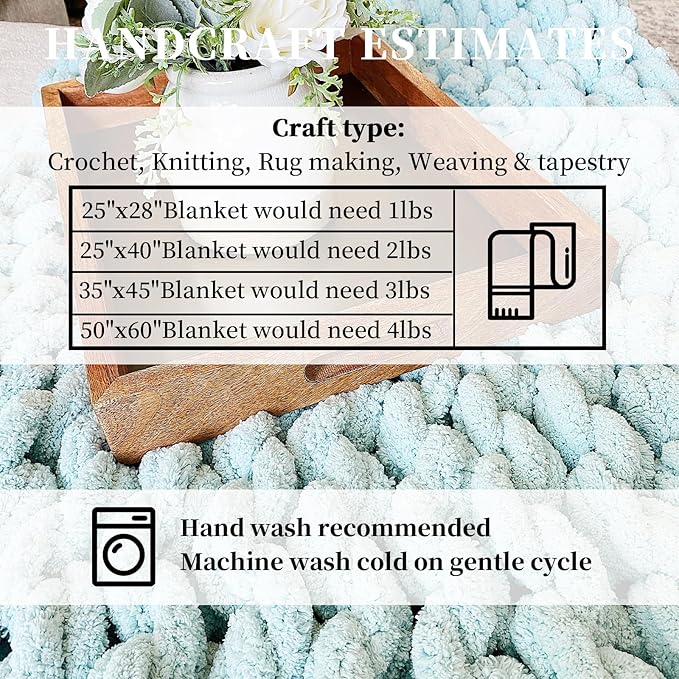 SUNTQ 8 Pack Chunky Chenille Yarn for Crocheting, Bulky Thick Fluffy Yarn for Hand Knitting Blanket, Soft Plush Knitting Yarn for Cushions, Pet Bed,Home Decor, Mint Green(32 yds,8.8 oz Each Skein)