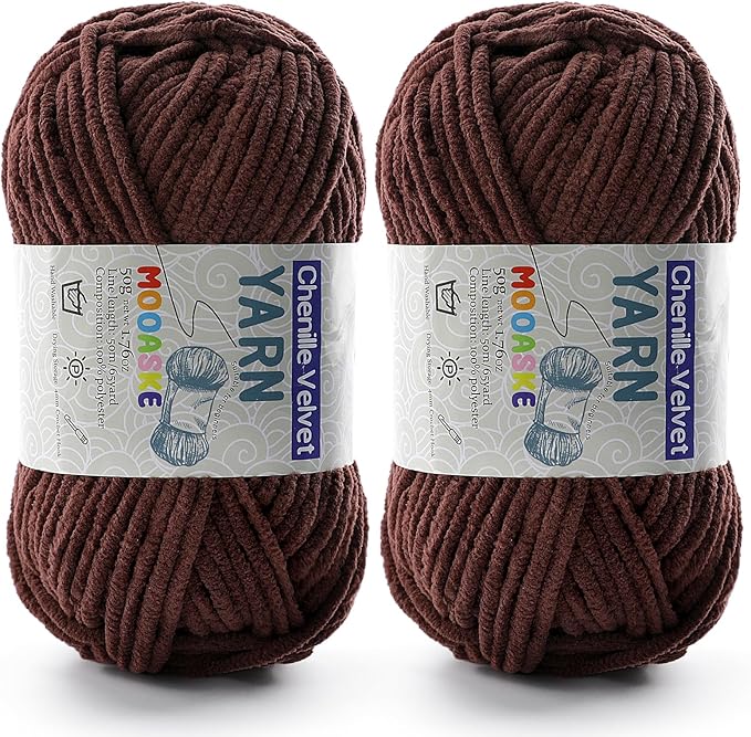 2 Pac Chenille Yarn for Crocheting - Fluffy Yarn for Crochet, Baby Yarn for Crocheting Soft Blankets, Weight Per Roll 50g/1.76oz, Length 60m/65yard (Dark Coffee)