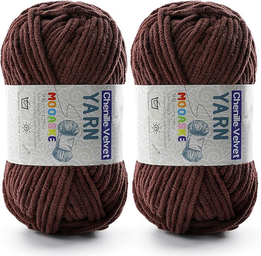 2 Pac Chenille Yarn for Crocheting - Fluffy Yarn for Crochet, Baby Yarn for Crocheting Soft Blankets, Weight Per Roll 50g/1.76oz, Length 60m/65yard (Dark Coffee)