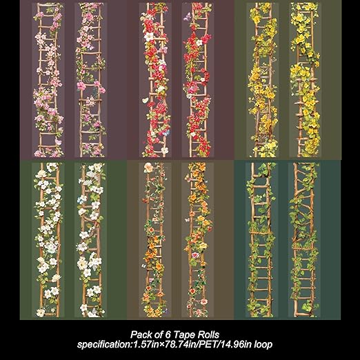PET Washi Tape Stickers for Junk Journal Supplies,6 Rolls of Nature Floral Staircase Themed Journal Stickers for Scrapbooking,Journaling Supplies,Planer (Sunny)