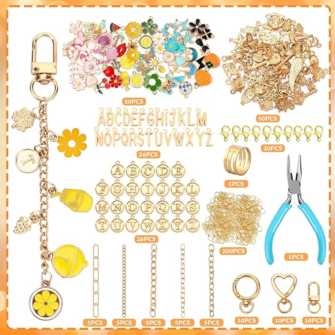 AUGSUN 439Pcs Charm Keychain Making Kit, Including 162 Charms 30 Keychain Clips Hooks 25 Extender Chains 200 Jump Rings and Jewelry Plier, Bulk Bag Charm Keychain Kit for DIY Keychains Making Craft