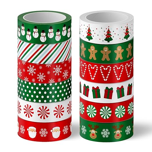 Whaline 12 Rolls Christmas Washi Tape Red Green Xmas Tree Snowman Santa Claus Gingerbread Man Candy Cane Pattern 15mm Decorative Masking Tape for Scrapbook Journal DIY Art Craft Gift Wrapping
