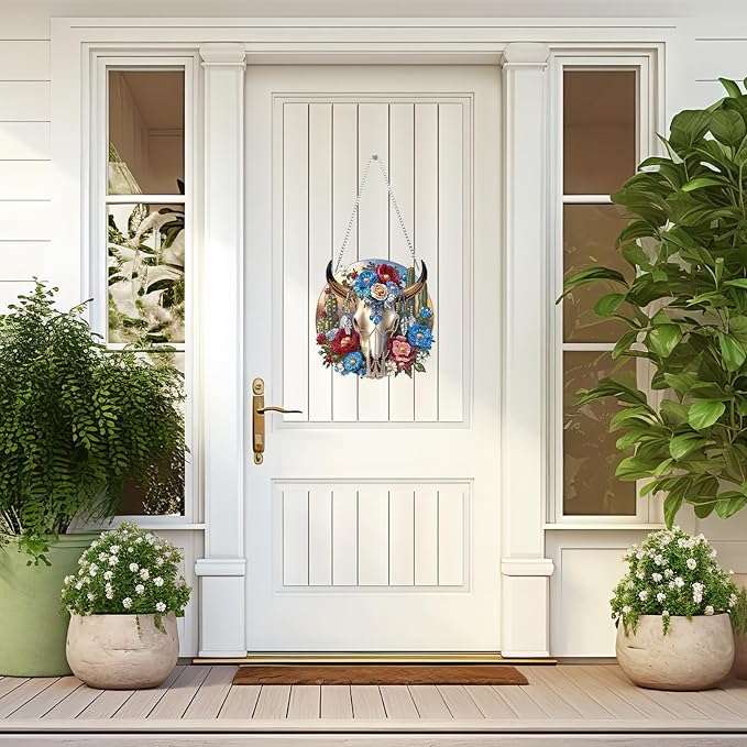 Lxmsja DIY Bull Skull Diamond Painting Hanging Ornament, Double-Sided Acrylic Cacti and Flowers Diamond Art Kit, Special Shaped Suncatcher Hanging Pendant Window Art Kit