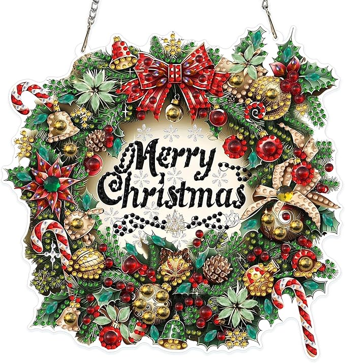 MOGTAA Christmas Diamond Art Hanging Kits for Adults Kids, Christmas Wreath Diamond Art Suncatchers, 5D Special Shape Crystal Rhinestones Window Pendant Kit for Home Garden Wall Decor