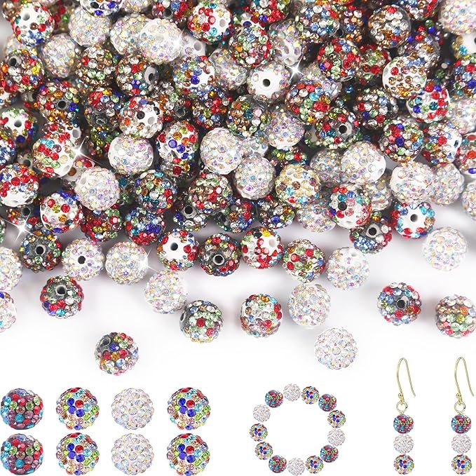 150 Pcs 10mm Rhinestone Beads for Jewelry Making, Colorful Shiny Round Shamballa Disco Baseball Necklace Beads Sparkle Crystal Clay Pave Rhinestones Bead for DIY Bracelet Earring Craft Making Supplies