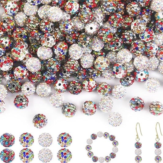 150 Pcs 10mm Rhinestone Beads for Jewelry Making, Colorful Shiny Round Shamballa Disco Baseball Necklace Beads Sparkle Crystal Clay Pave Rhinestones Bead for DIY Bracelet Earring Craft Making Supplies