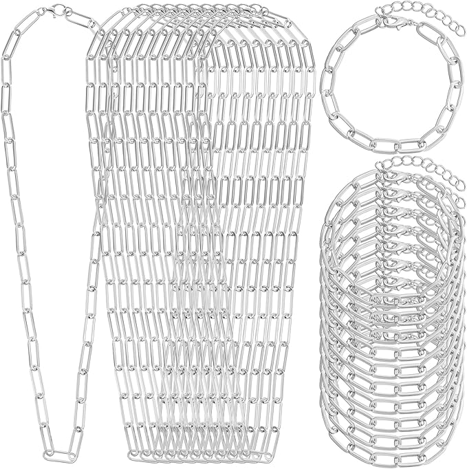 Landical 20 Pcs Charm Necklace Bracelets Making Kit Paperclip Chain Valentines DIY Jewelry Making Supplies Paperclip Link Necklaces with Lobster Clasps for Women Men Bulk Gifts(Silver,18 Inches)