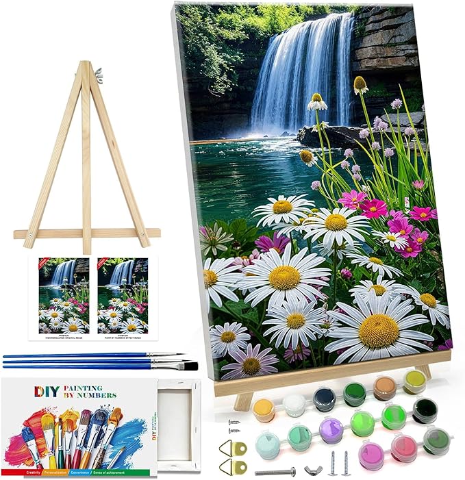 ATDMS Paint by Numbers Kit for Adults with Frame, Landscape Paint by Number with Easel, DIY Flowers Adult Paint by Number Kits on Canvas, Waterfall Oil Painting Kits for Home Wall Decor 8x12 Inch