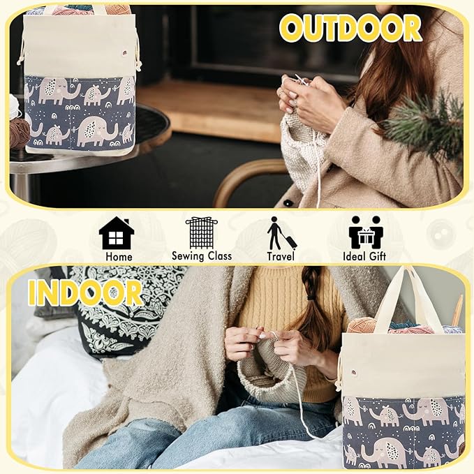 Crochet Bag, Handy Knitting Project Yarn Bag, Crochet Accessories Yarn Storage Organizer, Knitting Bags and Totes for Crocheting on The Go, 12x13x5'' (Gray Elephant, Small)