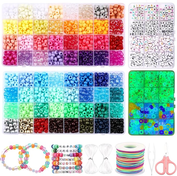 Ferreve 73 Colors 3700 Pcs Pony Beads for Bracelet Making Kit 64 Colors Pony Rainbow Letter Beads 9 Colours Glow in the Dark Beadwork Friendship Bracelet Jewelry Crafts with Elastic Cord