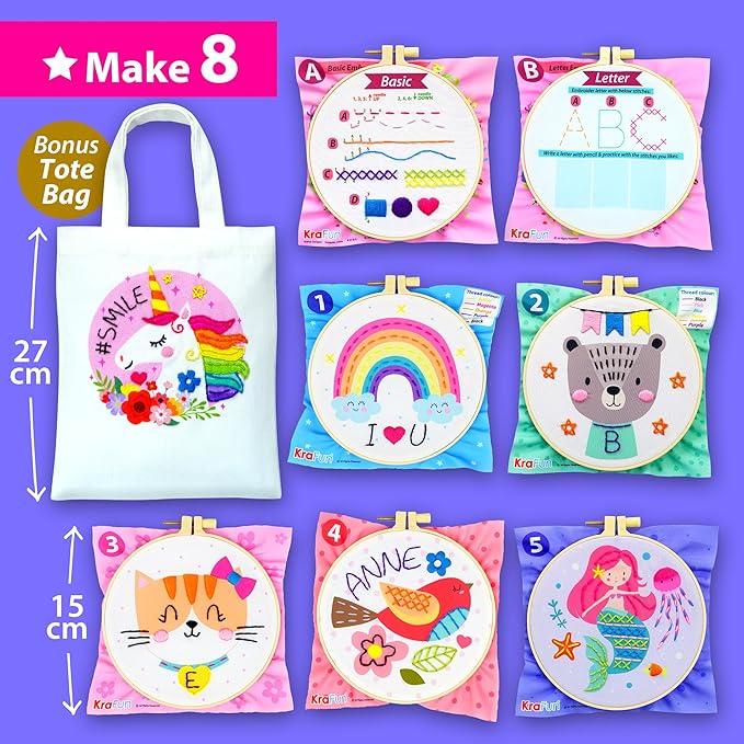 krafun beginner embroidery kit for kids & adults - learn to stitch starter set with 7 pre-printed patterns & tote bag - diy hand sewing practice project with hoop, tool box & instructions