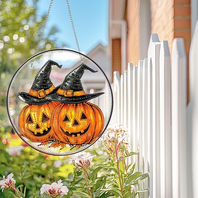 Wergund 5D Halloween Diamond Art Hanging Kits, Hanging Diamond Art Pumpkin, Acrylic Special Shaped Rhinestone, Window Hanging Pendants for Home Wall Garden Front Door Outdoor Decor Gift(Halloween)