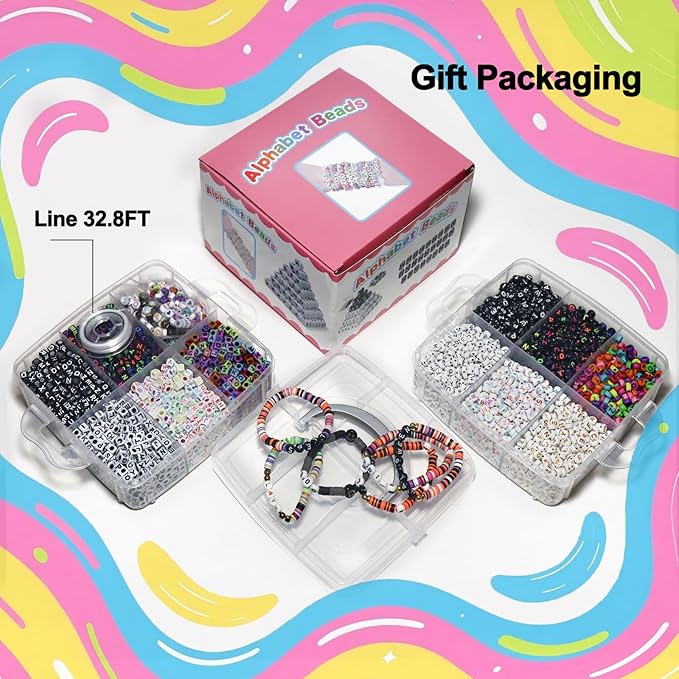 Alphabet Beads A-Z 6500Pcs Letter Beads, Acrylic 6x6mm Round Letter Beads Kits,Black Digit and Colorful Smile Bead for Bracelets Necklaces DIY Jewelry Making