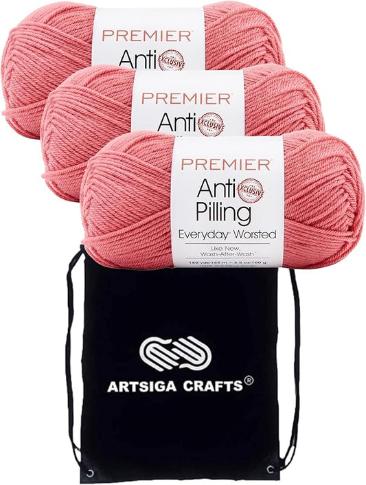 Premier Yarns Everyday Anti-Pilling Solid Azalea DN100-85 (3-Skeins - Same Dye Lot) #4 Worsted Weight Acrylic Yarn for Crocheting and Knitting with Project Bag