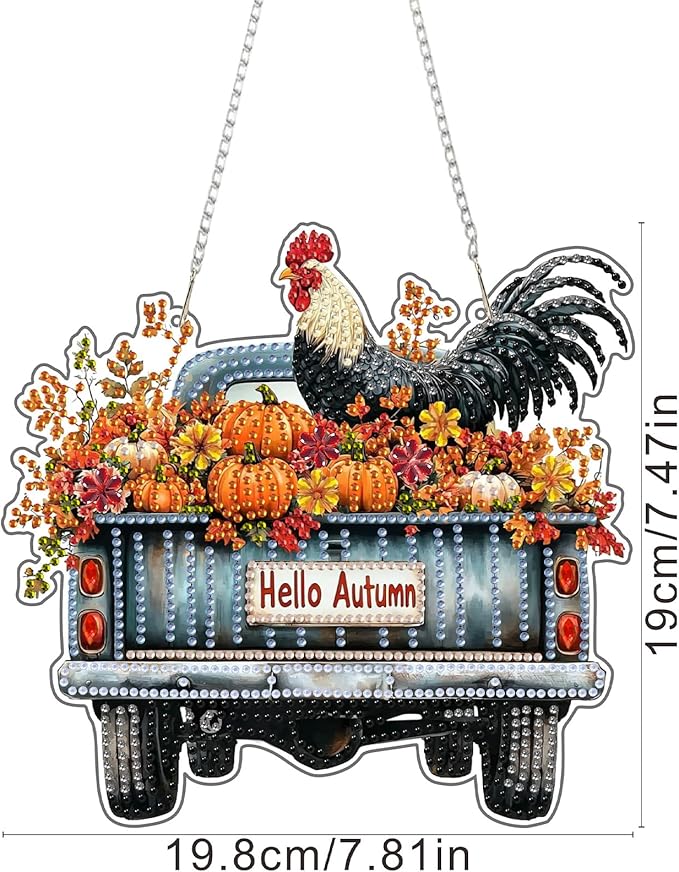 SENQAO Fall Chicken Diamond Art Hanging Kits for Adults Kids, Acrylic Diamonds Painting Pendant Board Kit Truck, Diamond Art Painting Window Pendants Home Garden Wall Hanging Kits Hanging Ornament