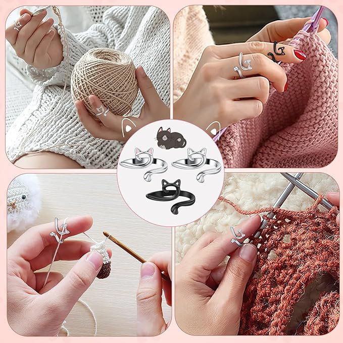 DTOFOOT 6pcs Knitting Crochet Loop Ring for Fingers Metal Open Yarn Guide Crochet Rings Adjustable Braided Faster Knitting Thimbles Holders Accessories for Crochet Mother Grandma Gifts with Box