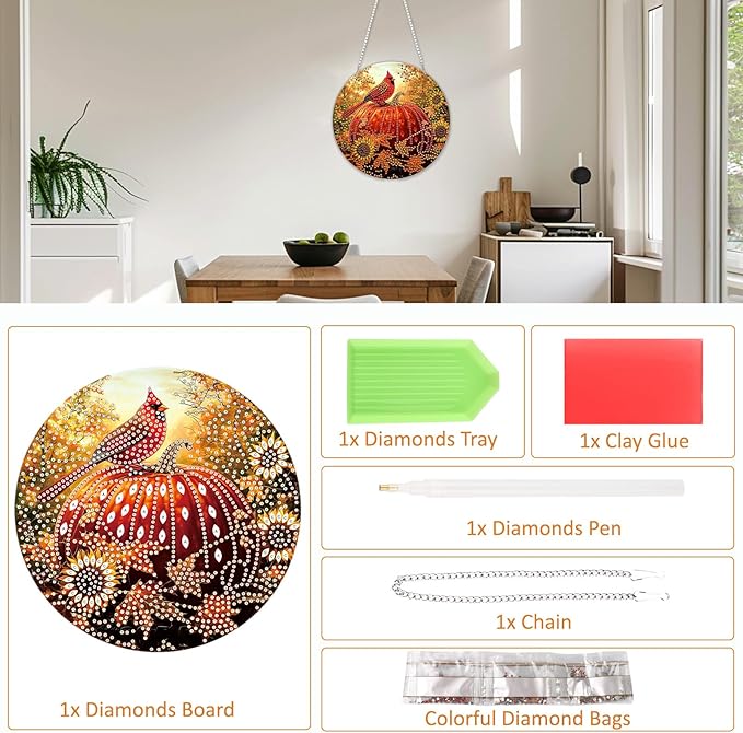 SENQAO Cardinal Diamond Art Hanging Kits for Adults Kids, Acrylic Diamonds Painting Pendant Board Kits Pumpkin, Diamond Art Painting Window Pendants Home Garden Wall Hanging Kits Hanging Ornament