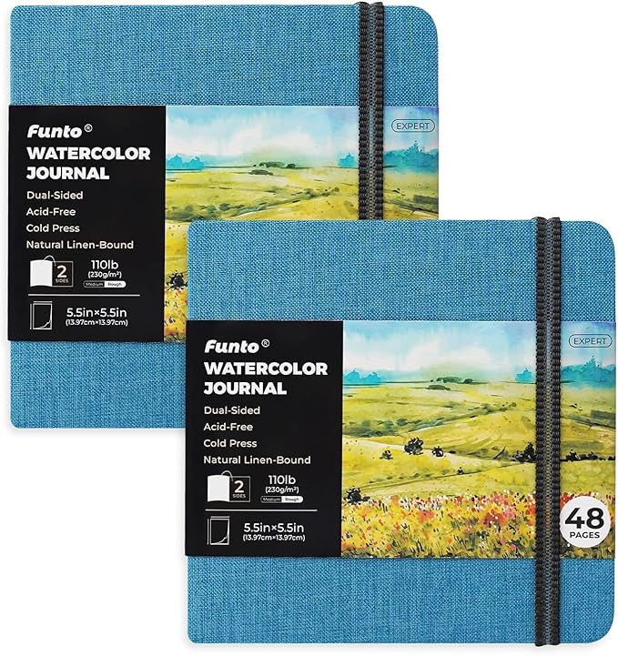 Funto Watercolor Journal, Square, 5.5x5.5, Portable 2-Pack, 48 Pages Each, Blue Cover, 110lb/230gsm, Art Supplies for Mixed Media