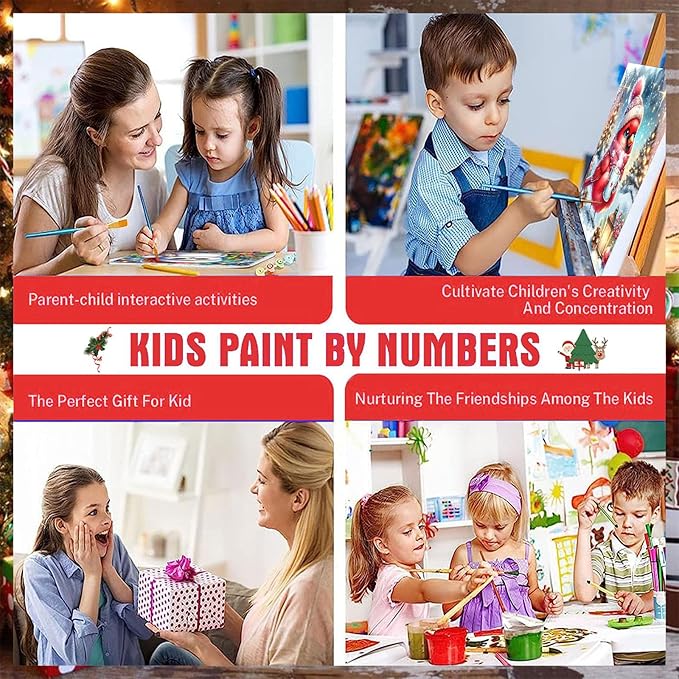 4 Pack Christmas Paint by Number for Kids with Wooden Frame, Paint by Numbers for Kids Xmas Ages 4-8-12, Easy Cardinal Gnome Snowmen Owl DIY Acrylic Oil Painting Kits for Home Wall Decor (8X8 inch)