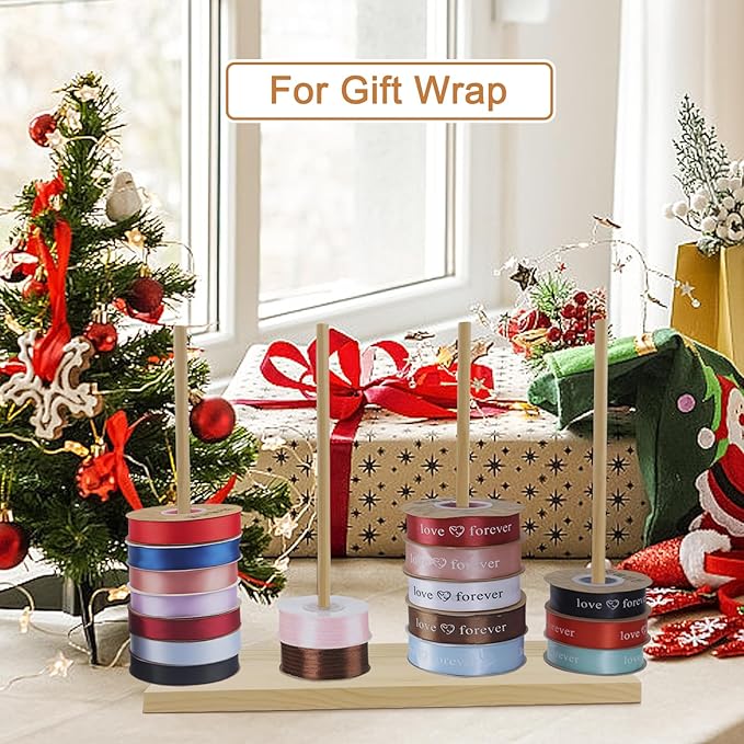 Wooden Ribbon Rack Storage, 2 Pcs Ribbon Organizer Spool Holders, Washi Tape Organizer Wire Spool Stand Holder for Sewing Craft Mesh Thread Tape Wreath Crochet Roll Florist Arts Wrapping Gift