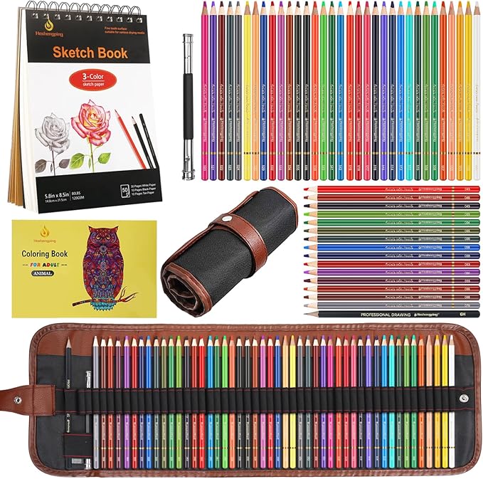 Heshengping 48 Color Colored Pencils Set for Coloring Books with 3-color Sketchbook coloring book Drawing kit Art Supplies with Roll up Canvas Case for Adults Beginners Teens