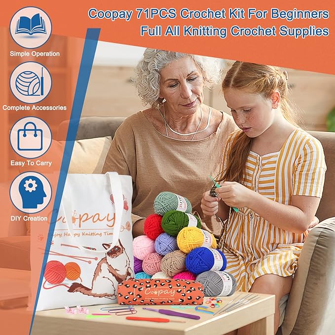 coopay crochet kit beginners crochet starter kit with 15 colors yarn, 71pcs crochet beginners set crochet kit for adults, cat canvas tote bag full crochet accessories & instructions