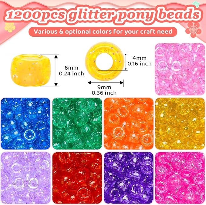 IOOLEEM Glitter Pony Beads,1200pcs Beads for Bracelets Making & Hair braiding, Kandi Friendship Bracelets & Jewelry Making.