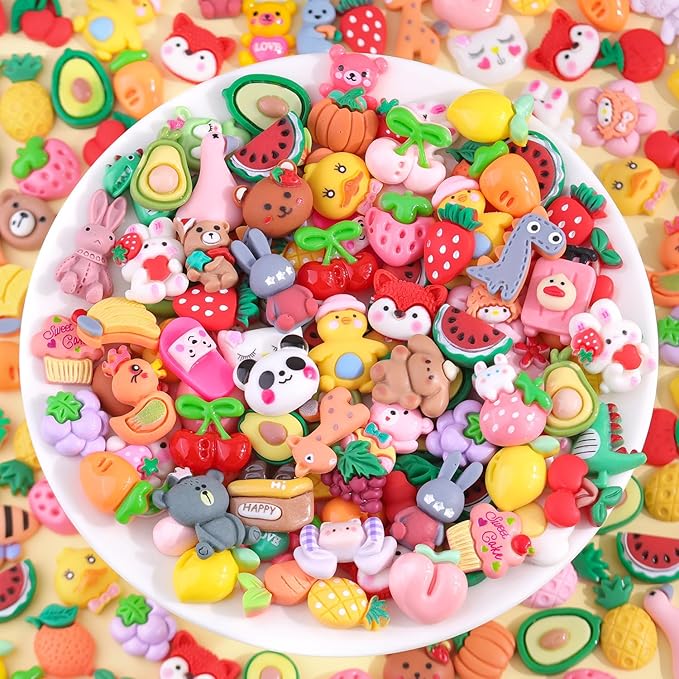 100PCS Fruit Slime Charms Cute Flatback Resin Charms for Slime, Random Kawaii Decoden Charm for Embellishments Phone Junk Case Charms Bulk, Hairpins Scrapbooking Crafting & DIY Decoration