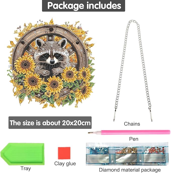 Bimkole Raccoon Diamond Art Hanging Kit for Adult, DIY 5D Sunflowers Diamond Art Painting Window Pendant, Acrylic Crystal Art Hanging Ornament for Wall Home Garden Front Door Decor - 7.8x7.8 Inch