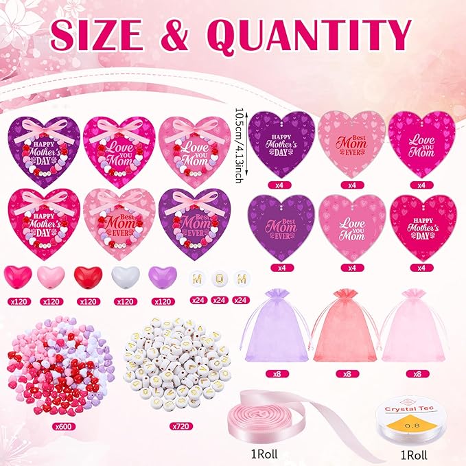 Kigeli Mother's Day Heart-Shaped Card Set for Crafters - DIY Gifts, Card Making, Jewelry, Personalized Presents - Includes 24 Cards, 600 Beads, Organza Bags, Elastic Thread & mom Beads