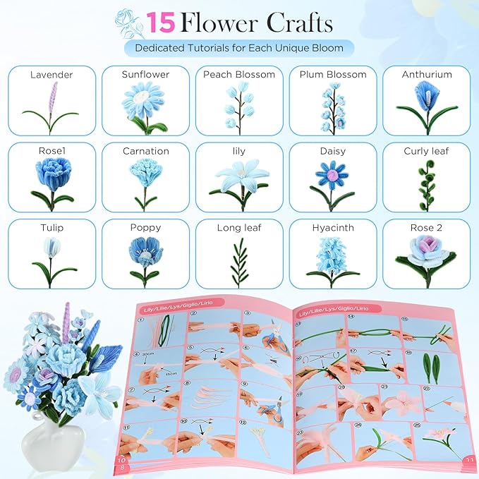 Funtopia Pipe Cleaner Flowers, 540 Pcs Pipe Cleaners Flower Kit, 6 Assorted Colors Pipe Cleaners Bulk with Instruction, Chenille Stems for DIY Flower Making Kit (Blue, 12in x 7mm)