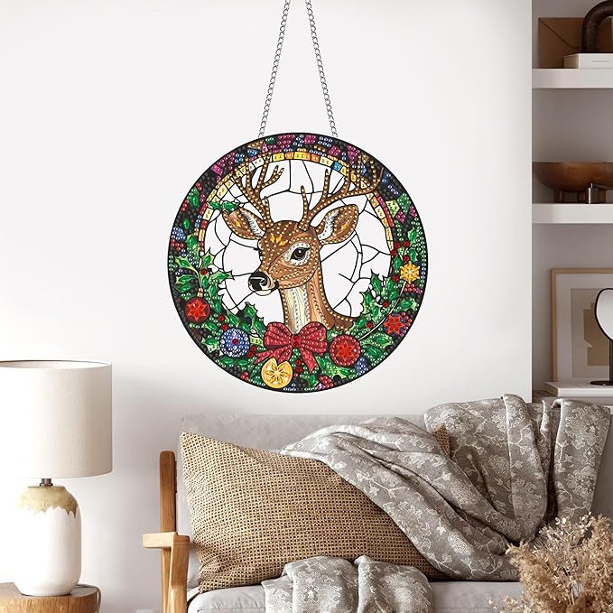 Hanging Diamond Art Kits for Adults Christmas Deer – 8x8 Inch Double-Sided Acrylic Board DIY Crystal Diamond Suncatcher Pendant, Sparkling Home Wall or Window Decoration Handmade Gift