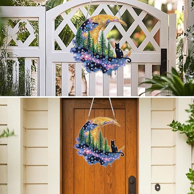 MXJSUA Forest Moon Cat Diamond Painting Art Window Suncatchers, Diamond Art Kits for Adults Hanging Ornaments with Chain, 5D Special Shape Crystal Diamond Pendant Accessories for Decor Gift 8x8 Inch