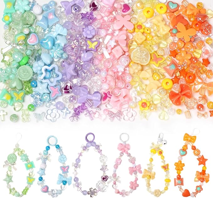 HSONAIGEE 300-360 Pieces Acrylic Beads for Bracelet Making, Assorted 6 Colors Cute Beads Charms Jewelry Making Kit Flower Heart Gummy Bear Star Beads for DIY Crafts Phone Charms