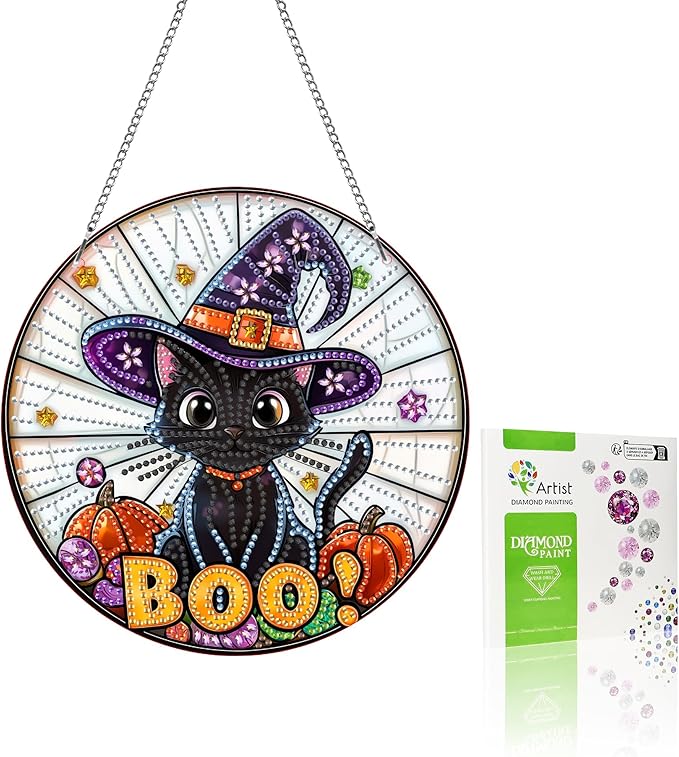 VAIIEYO Halloween Diamond Art Hanging Ornament, Black Cat Diamond Painting Suncatchers Window Hanging Kit with Chain, 7.5x7.5 inch Crystal Pendant Art Craft for Gift Home Wall Front Door Decoration