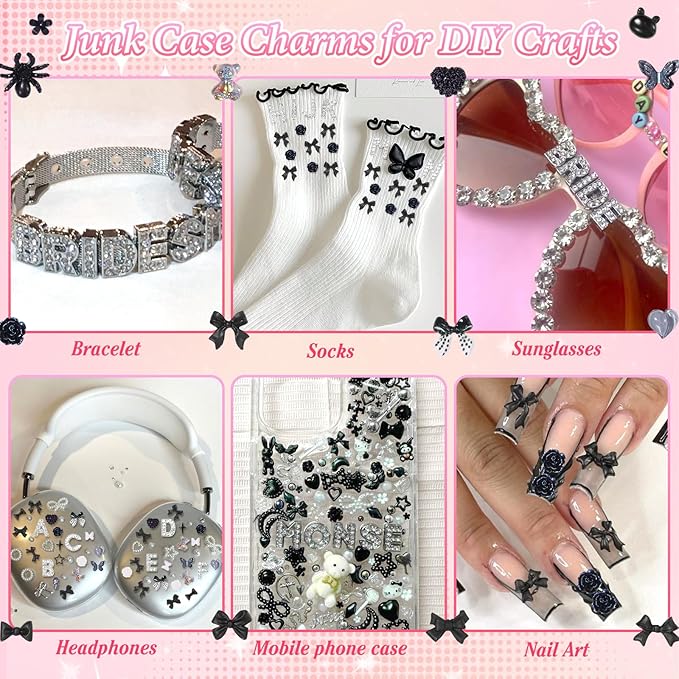 330 Pcs Junk Phone Case Charms 26 Pcs A-Z Rhinestone Alphabet Letter Charm, Mix Black White Flower Bow Heart Pearls Flatback Resin Charms Letter Junk Cases Kit for DIY Crafts