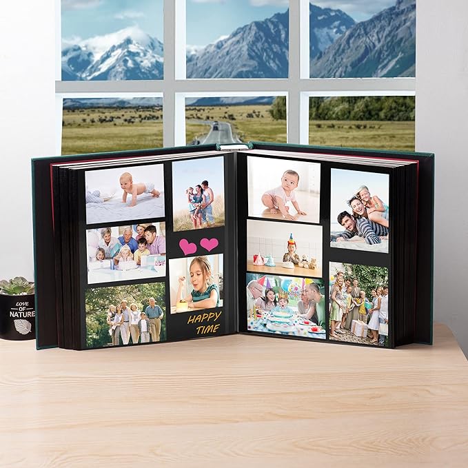 Large Photo Album Self Adhesive 4x6 5x7 3x5 8.5x11 Scrapbook Magnetic Album DIY Scrap Book Length 13 x Width 12.8 (Inches) 120 Black Sticky Pages Linen Cover DIY Photo Album(Dark Green)