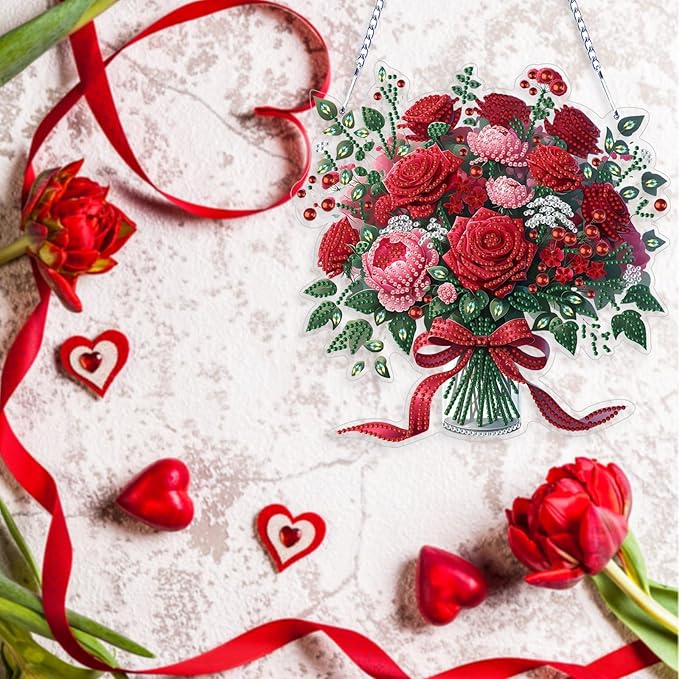 VODAPYC Mother's Day Rose Diamond Art Hanging Kits for Adults, DIY Acrylic Double Sided Special Shaped Diamonds Art Window Pendant Ornament(Red Rose Flower)