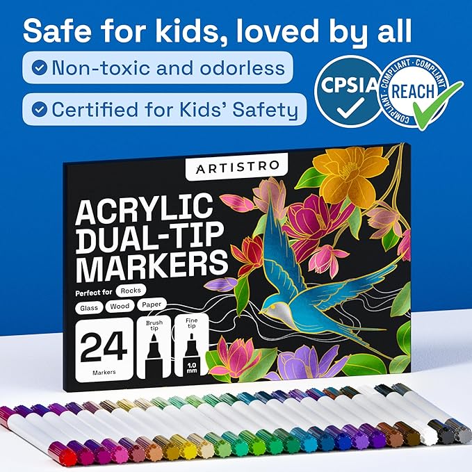 ARTISTRO 24 Metallic Acrylic Paint Markers - Paint Pens for Drawing, Brush + Fine Tips - For Fabric, Rock, Glass, Wood, Eggs - Art & Craft Supplies for Adults, Teens, Kids - Easter Basket Stuffers