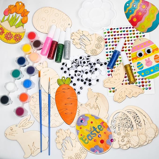 KITRDOOR Easter Wooden Painting Craft Kit, 40Pcs Unfinished Easter Wooden Ornaments, DIY Wood Cutouts Egg Bunny Chick Tulip Ornaments Craft Kits for Adults Spring Party Hanging Decorations