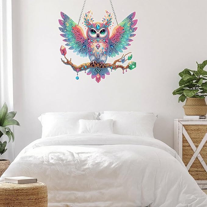 Ristpal Diamond Painting Kits Hanging for Adult, Special Shaped Rhinestone, DIY Acrylic Diamond Art Painting Window Pendants Home Garden Wall Hanging Kits for Home Decor and Gifts (Owls)