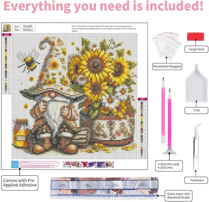 GEEHEIY Gnome Diamond Art Kits for Adults, 5D Gnome Diamond Painting Kits for Beginner, DIY Sunflower Gem Art Dots for Adults, Perfect for Home Wall Decor 14x14 Inch
