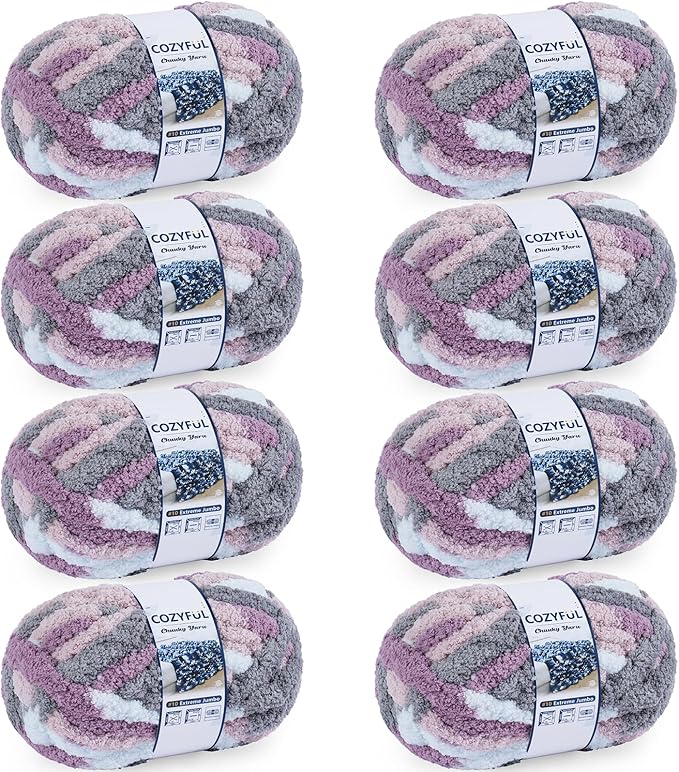 Chunky Yarn for Hand Knitting - #10 Chunky Chenille Blanket Yarn, Jumbo Big Thick Chunky Yarns for Crocheting, Tie Dye Bulky Knit Yarns, 8 Skein (25 yds 8 oz Each Skein), Purple & Grey & Sky