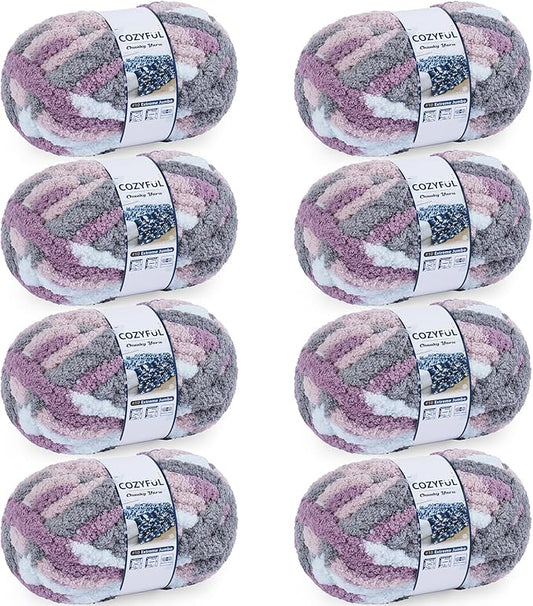 Chunky Yarn for Hand Knitting - #10 Chunky Chenille Blanket Yarn, Jumbo Big Thick Chunky Yarns for Crocheting, Tie Dye Bulky Knit Yarns, 8 Skein (25 yds 8 oz Each Skein), Purple & Grey & Sky