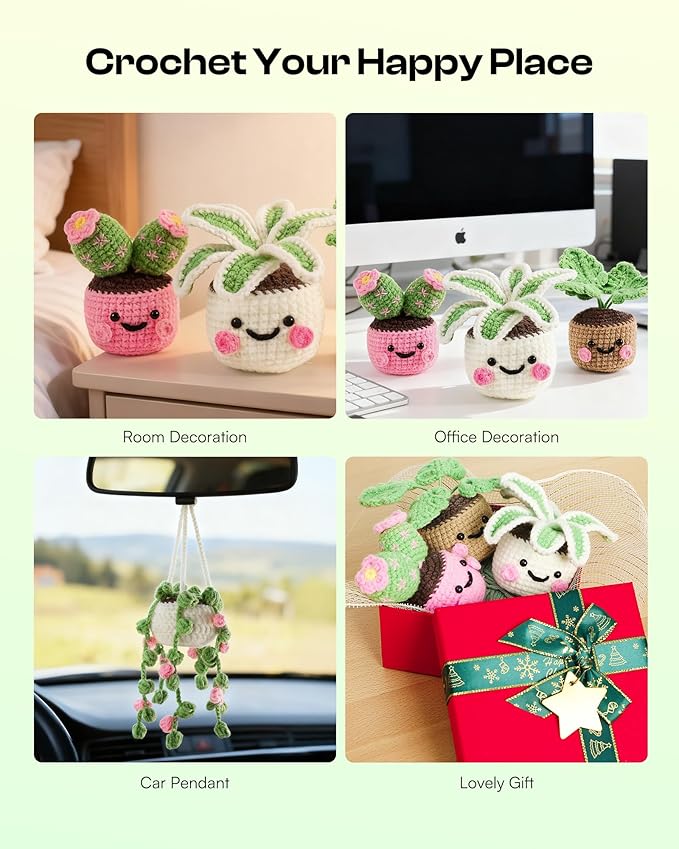 Caydo Crochet Kit for Beginners with Step-by-Step Video Tutorials, Crochet Starter Kits for Adults, Potted Hanging Plants Craft Kit with Yarn Sets for Home/Car Decoration, Gift for All Ages