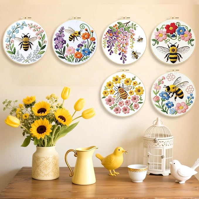 ORIGACH 6 Pack Bees & Flowers Embroidery Kits for Beginners, DIY Starter Hand Embroidery Kit with Floral & Bees Patterns and Instructions for Adults Women Crafting